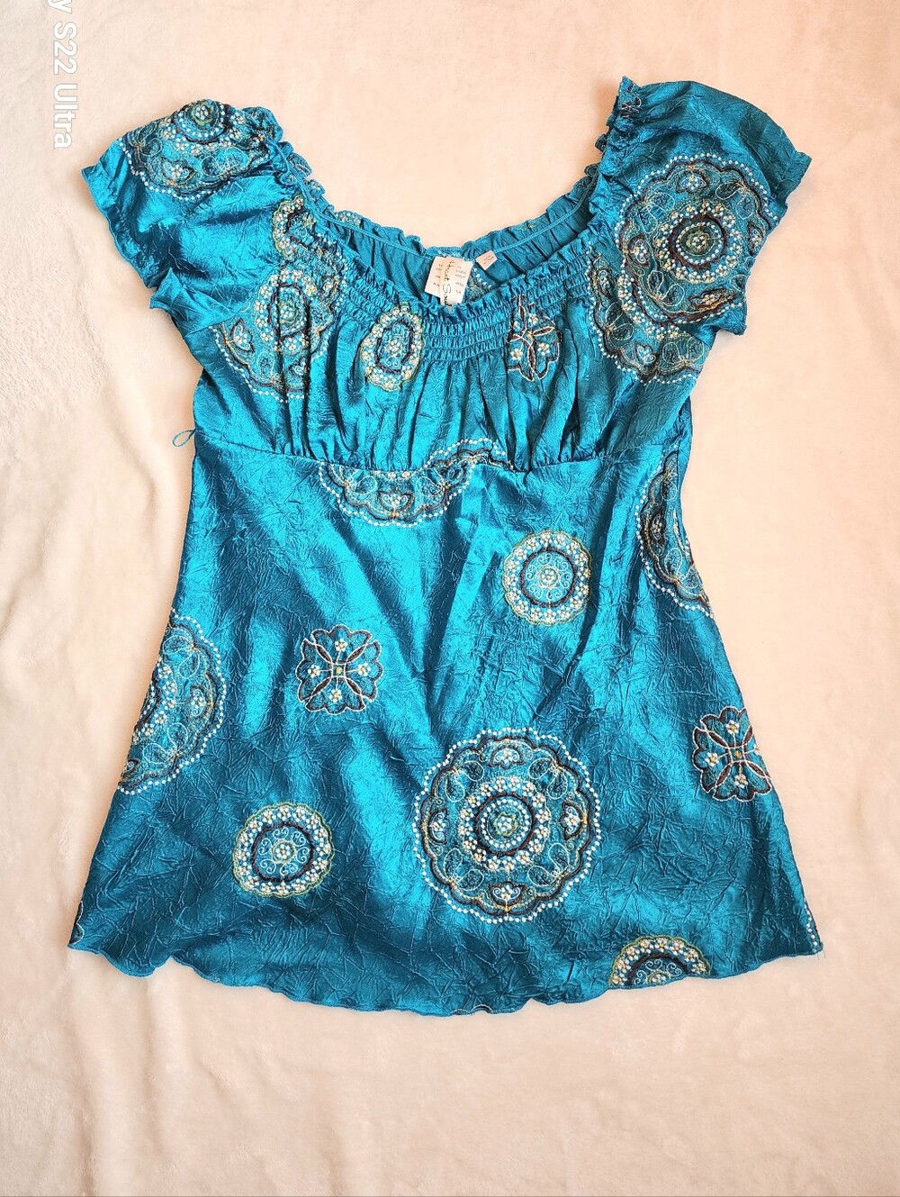 Heart Soul Tourqoise Scoop Neck Y2K Babydoll Blouse